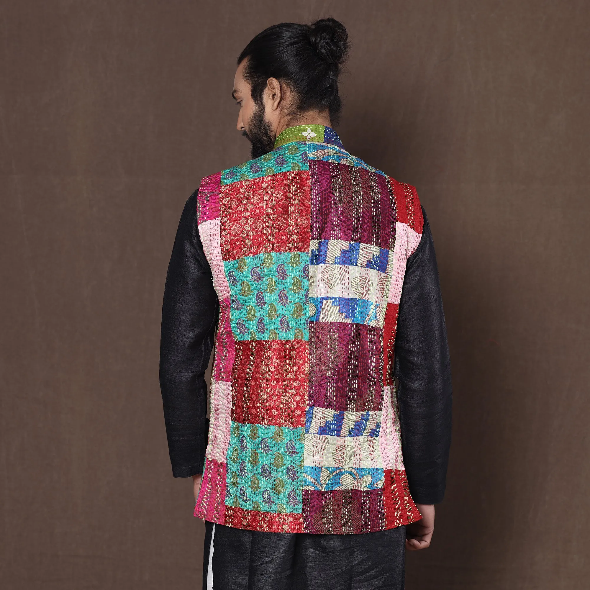 Multicolor - Kantha Embroidery Patchwork Silk Nehru Jacket 03