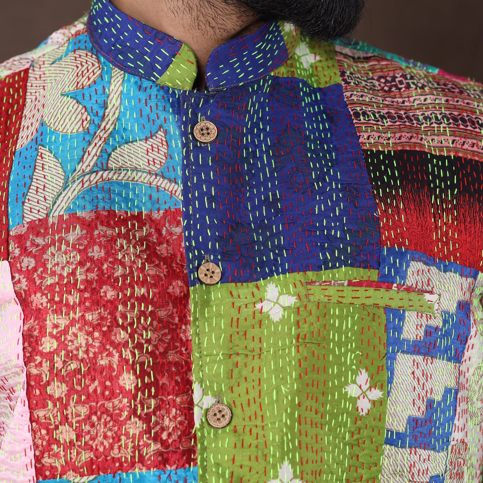 Multicolor - Kantha Embroidery Patchwork Silk Nehru Jacket 03