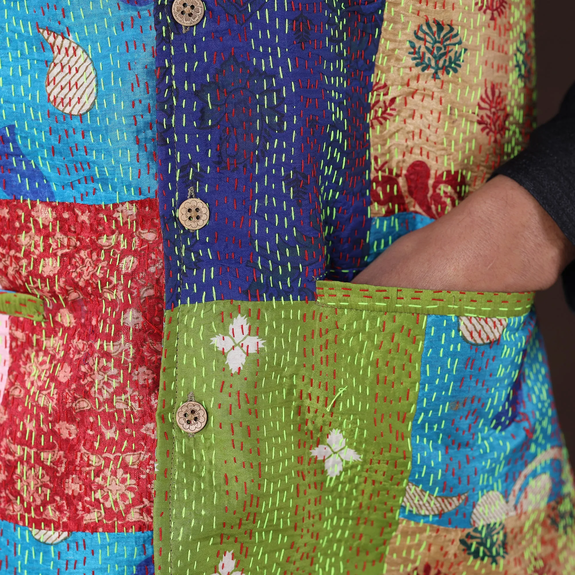 Multicolor - Kantha Embroidery Patchwork Silk Nehru Jacket 03