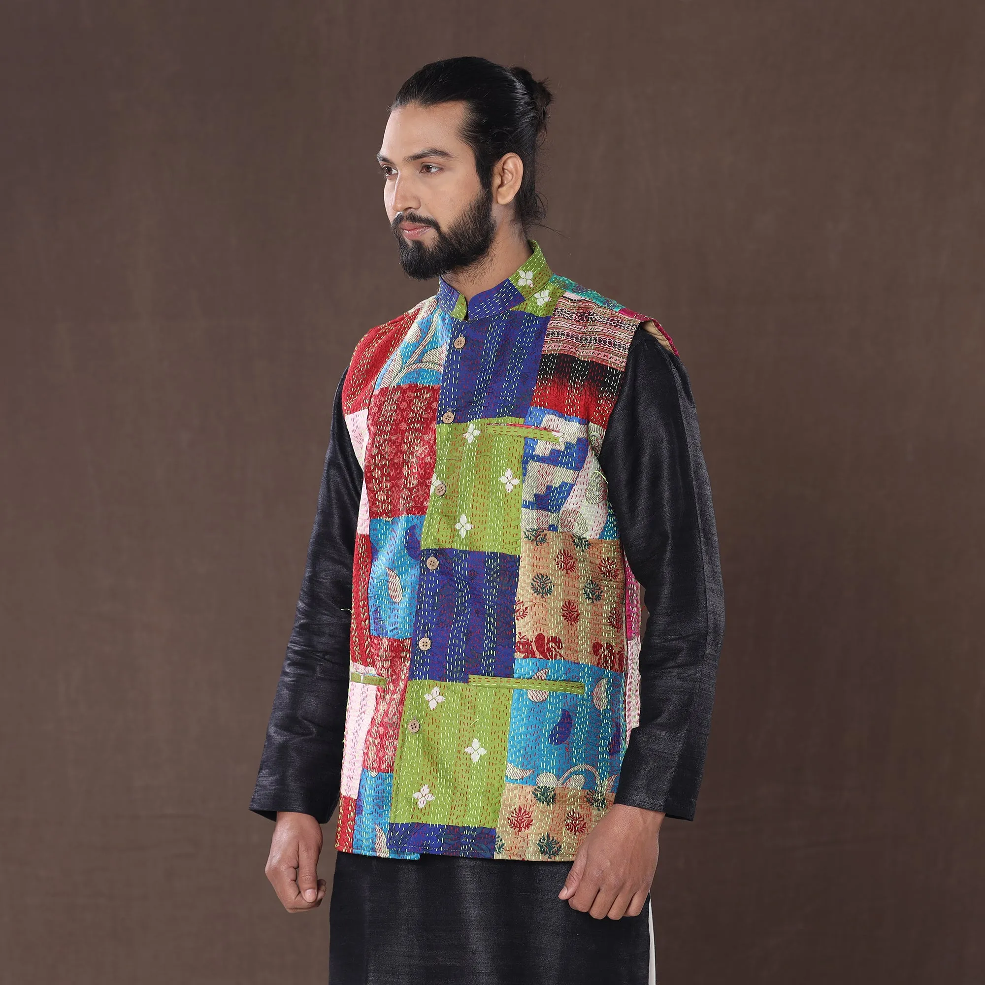 Multicolor - Kantha Embroidery Patchwork Silk Nehru Jacket 03