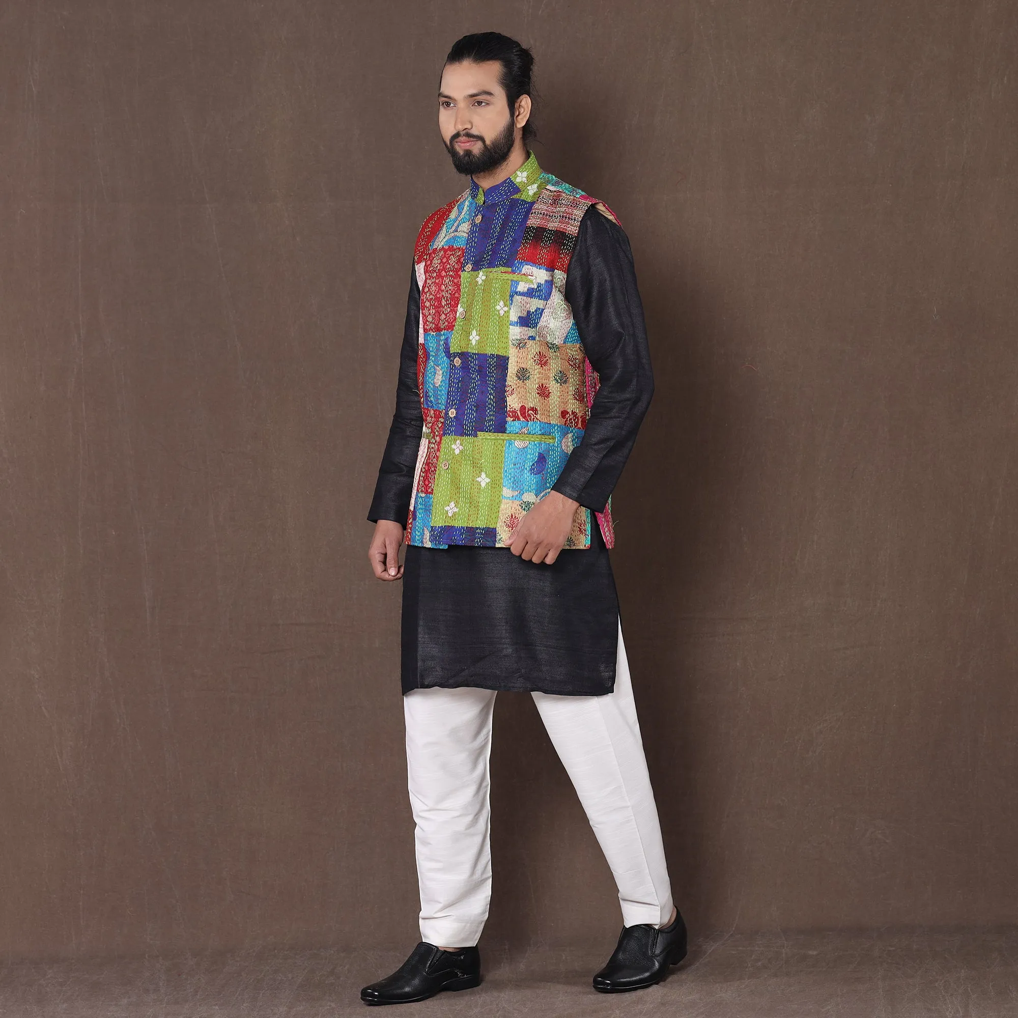 Multicolor - Kantha Embroidery Patchwork Silk Nehru Jacket 03