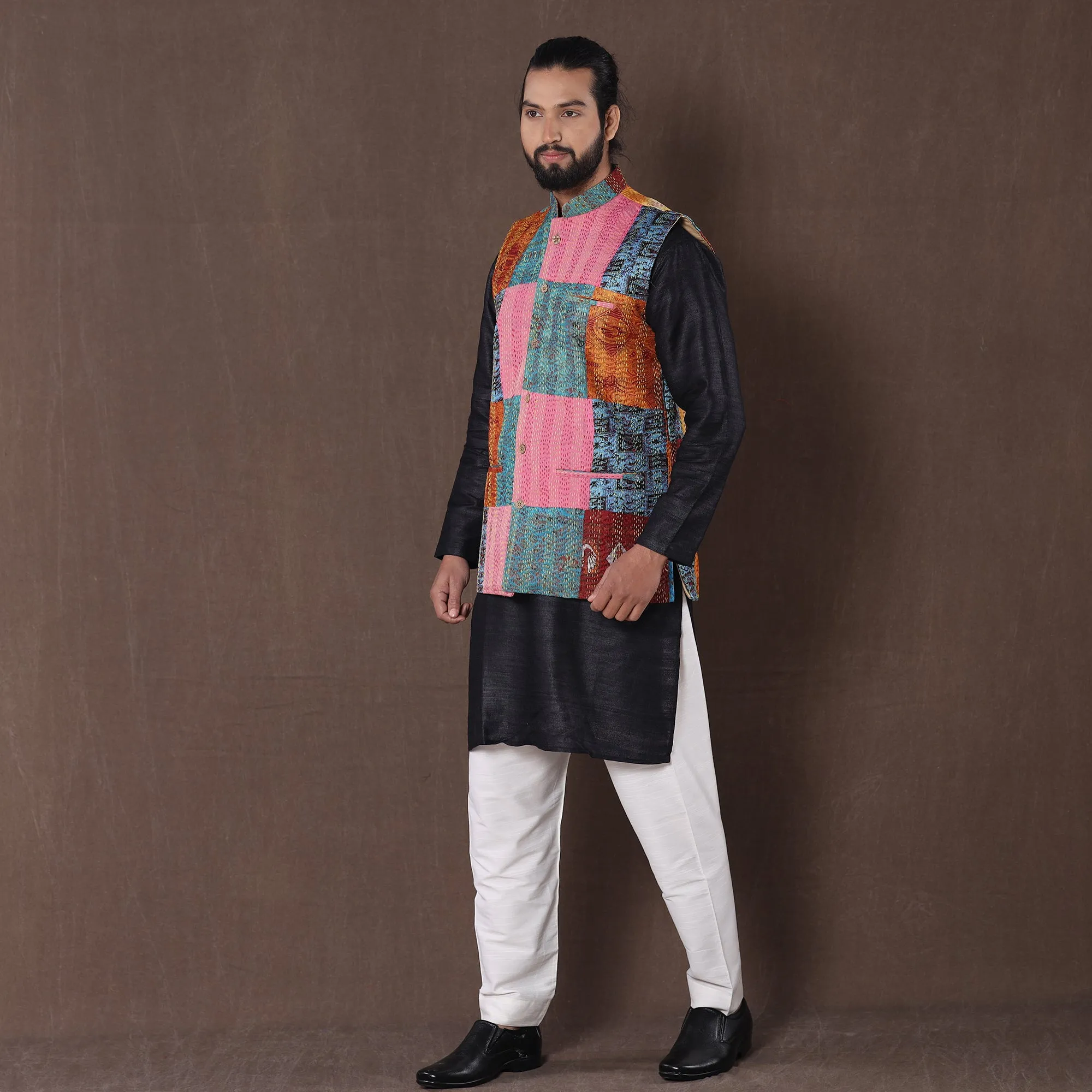 Multicolor - Kantha Embroidery Patchwork Silk Nehru Jacket 07