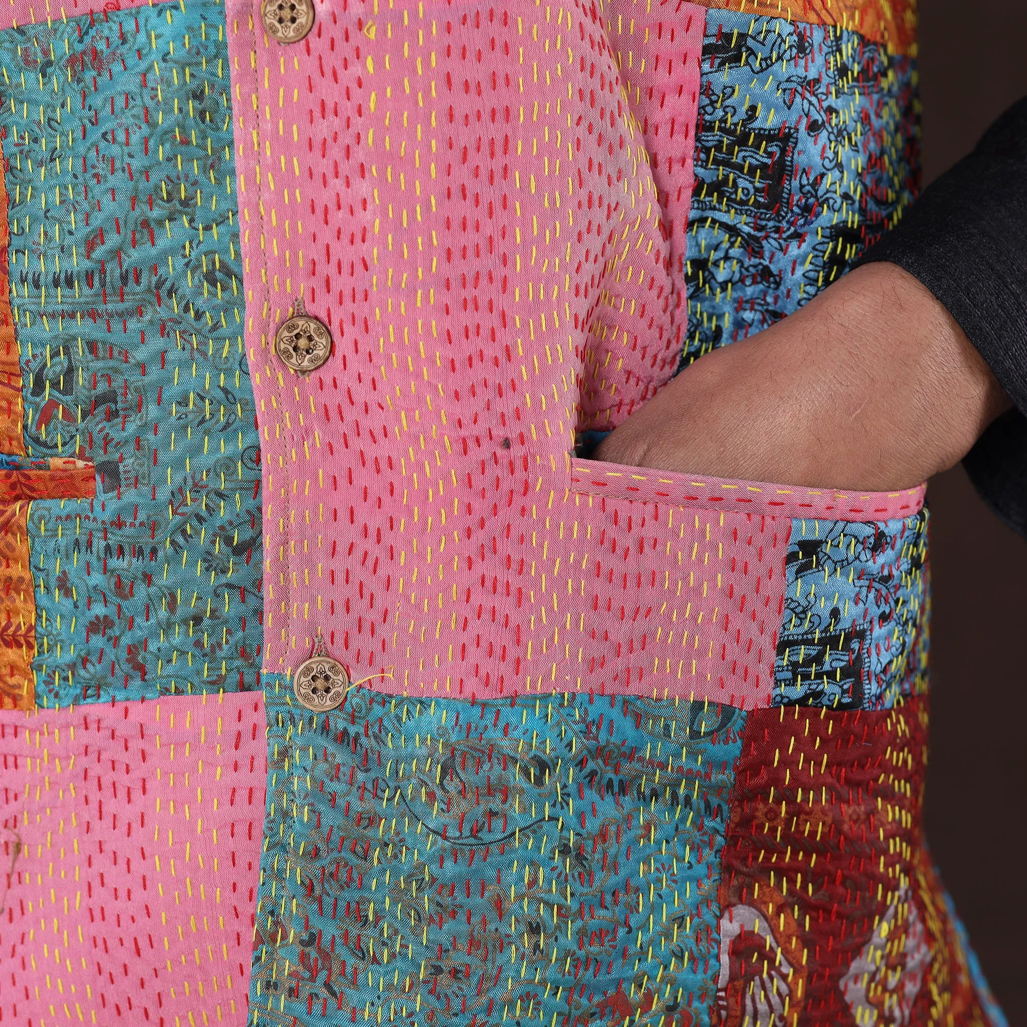 Multicolor - Kantha Embroidery Patchwork Silk Nehru Jacket 07