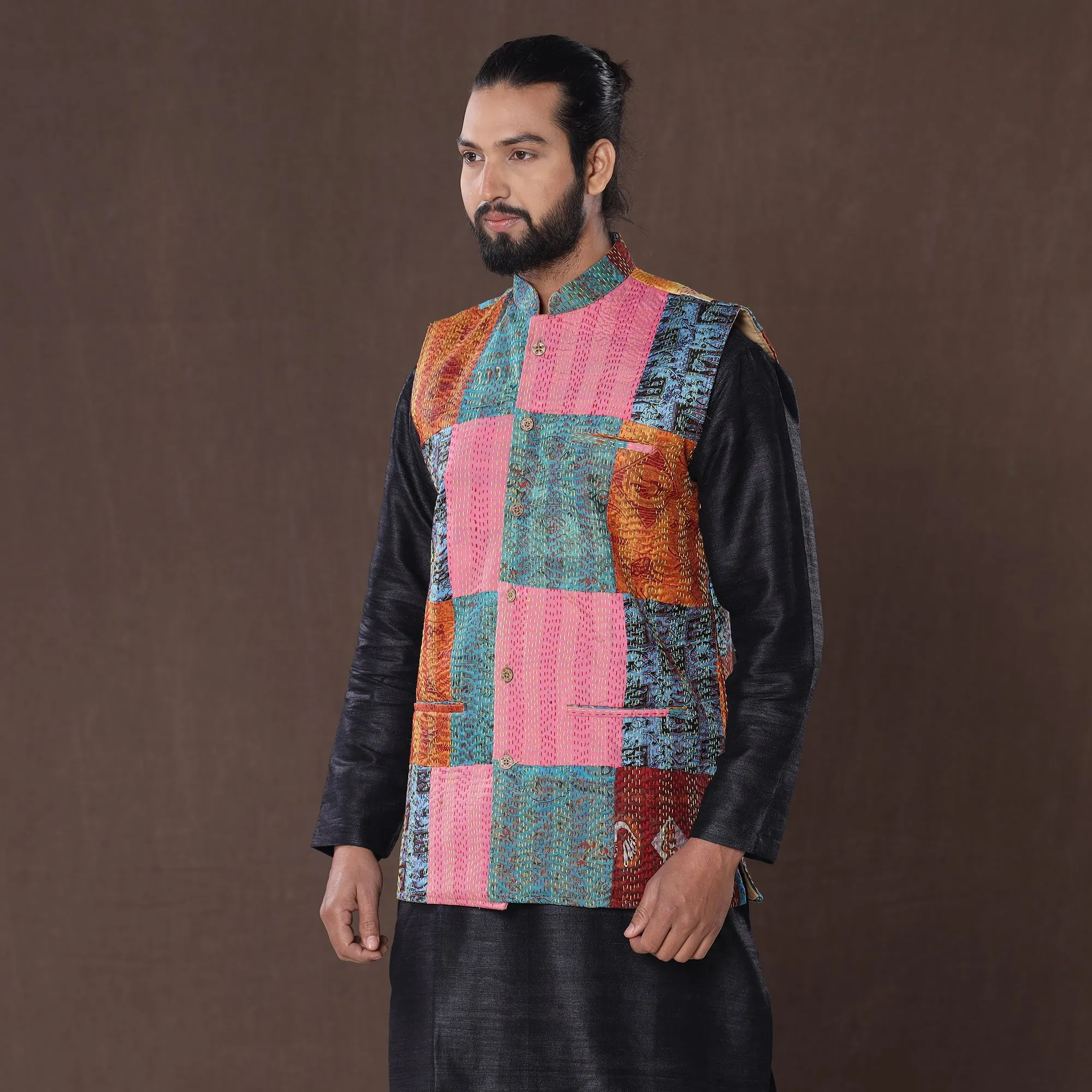 Multicolor - Kantha Embroidery Patchwork Silk Nehru Jacket 07