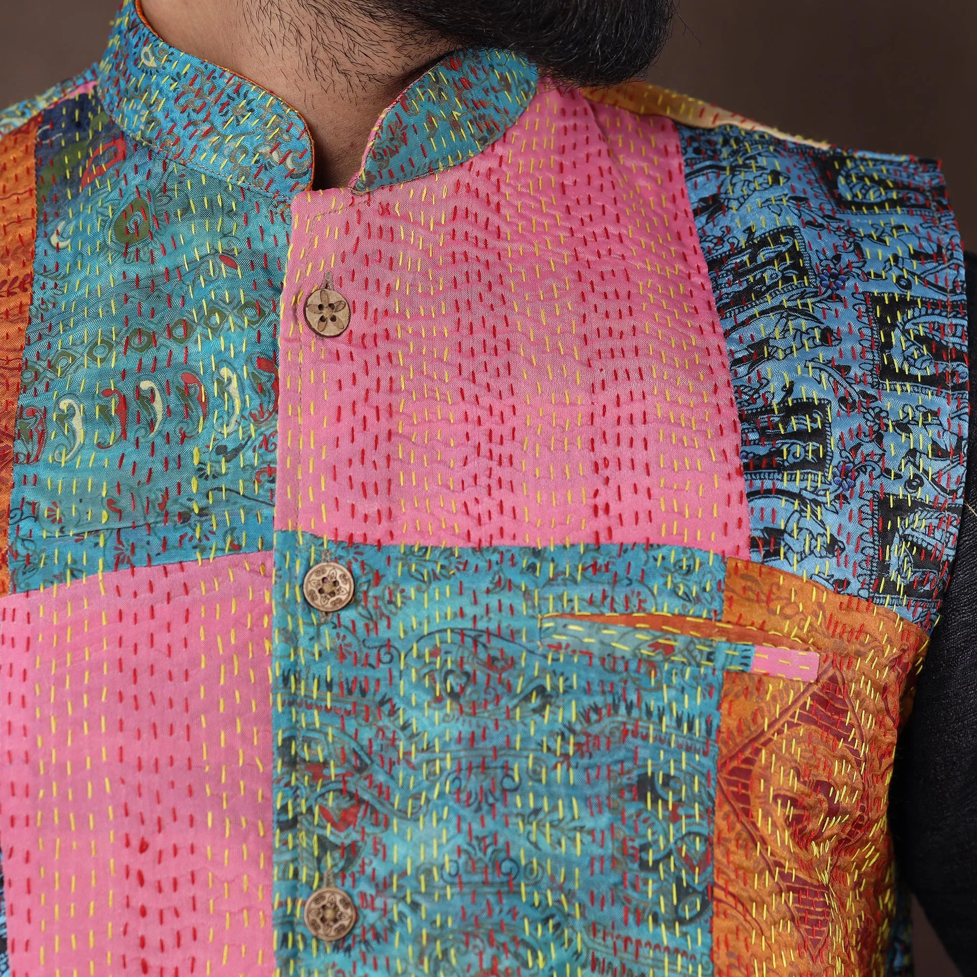 Multicolor - Kantha Embroidery Patchwork Silk Nehru Jacket 07