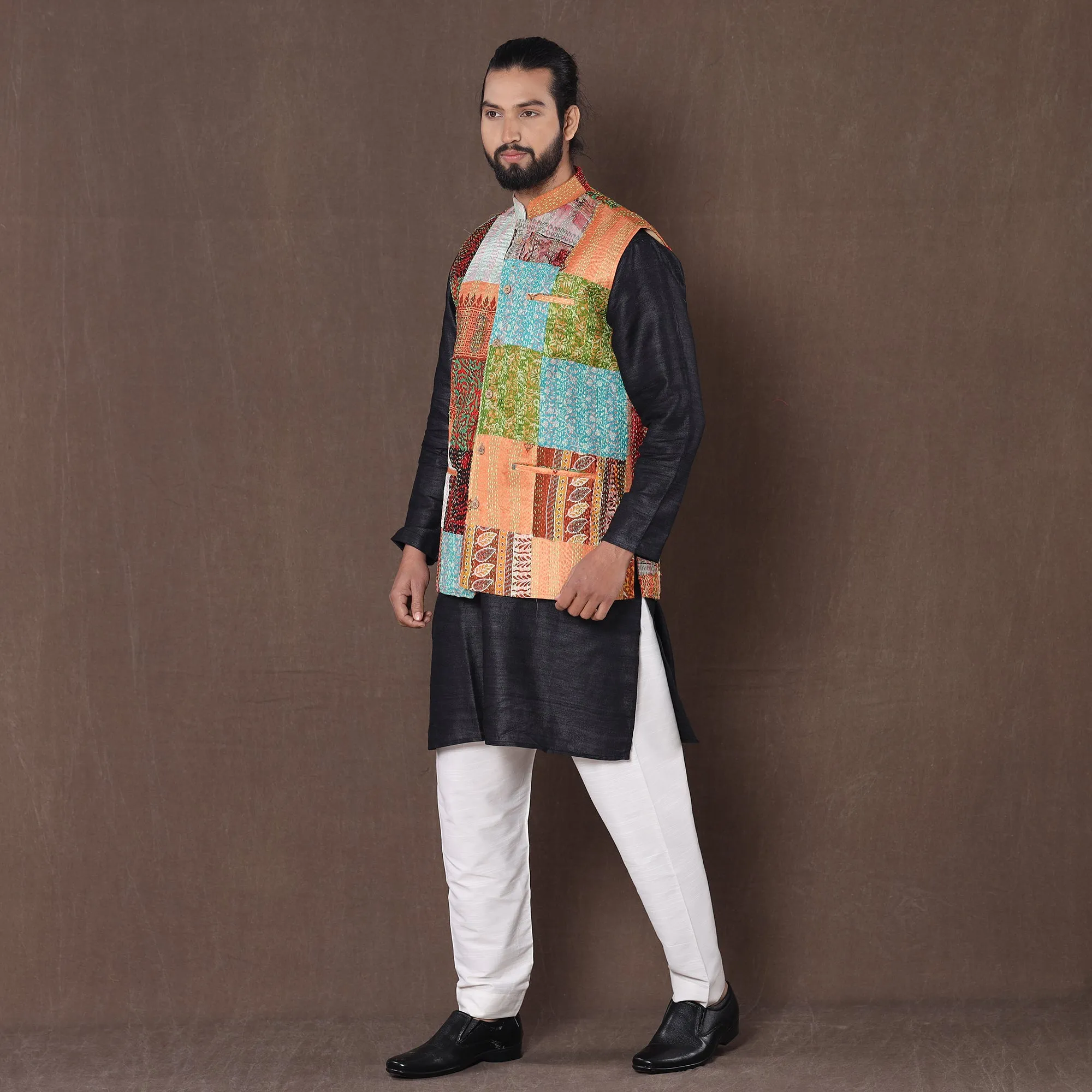 Multicolor - Kantha Embroidery Patchwork Silk Nehru Jacket 09