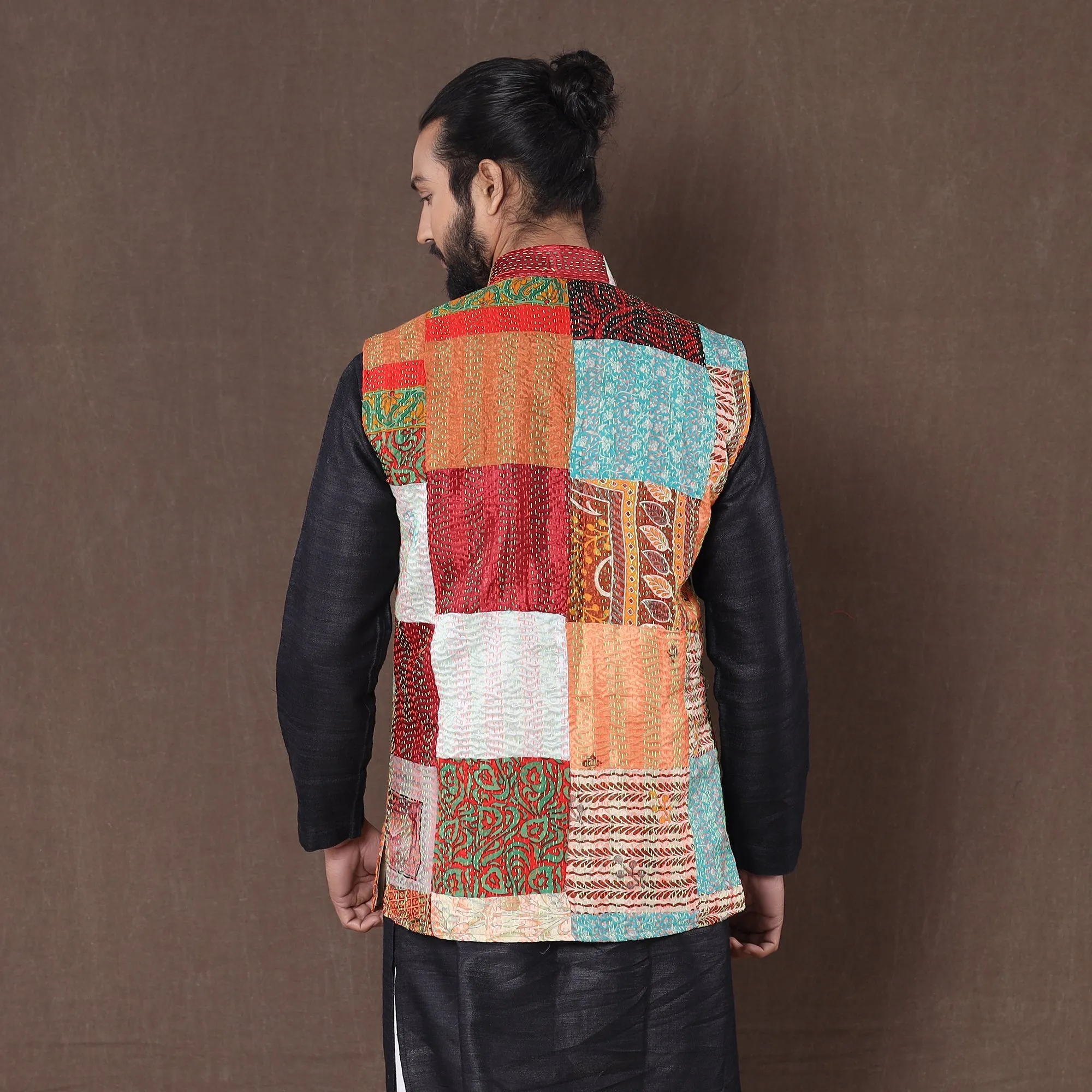 Multicolor - Kantha Embroidery Patchwork Silk Nehru Jacket 09