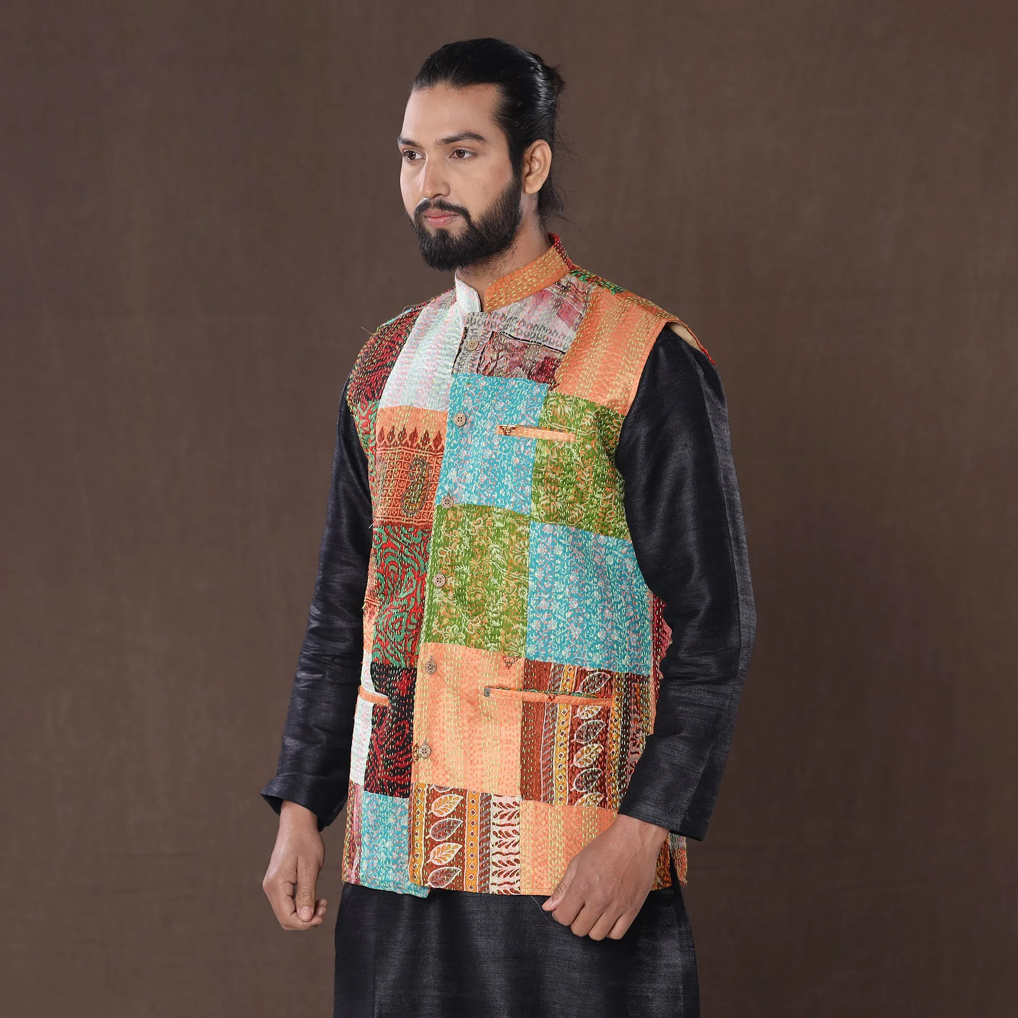 Multicolor - Kantha Embroidery Patchwork Silk Nehru Jacket 09