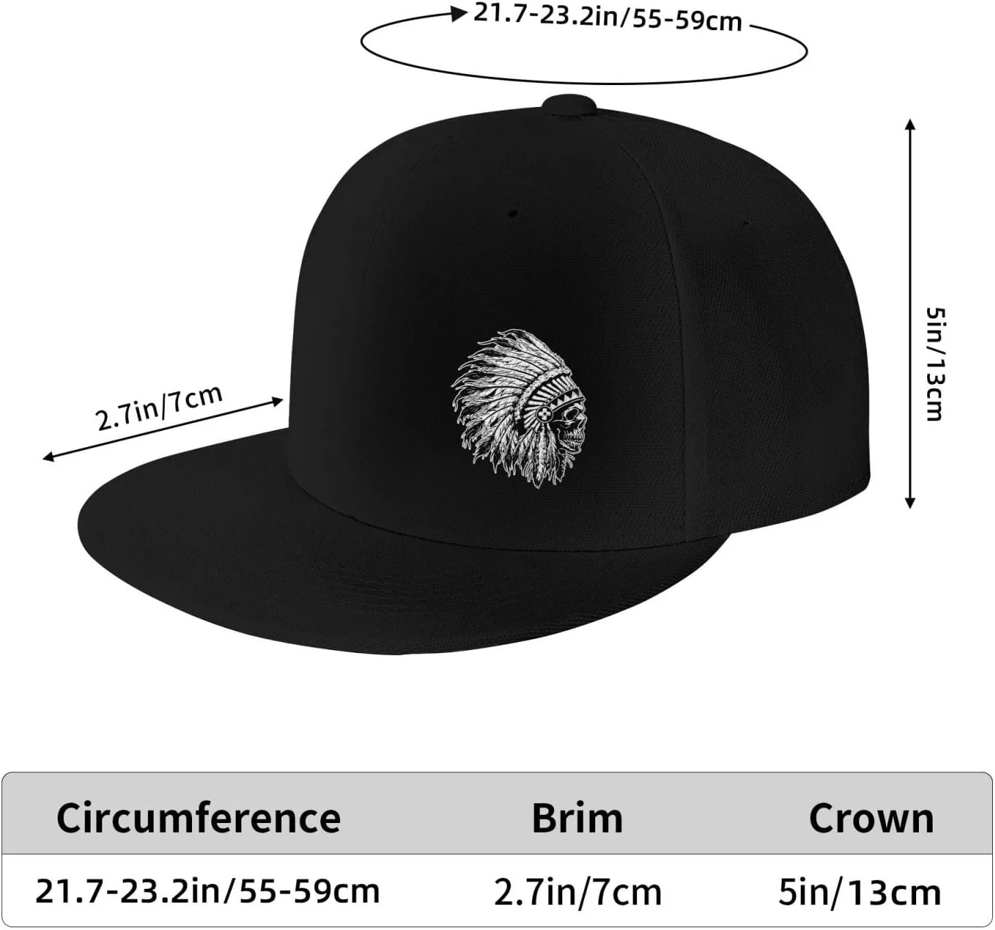 Native American Skull Flat Bill Visor Classic Snapback Hat Adjustable Brim High Top Baseball Cap