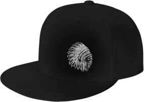 Native American Skull Flat Bill Visor Classic Snapback Hat Adjustable Brim High Top Baseball Cap