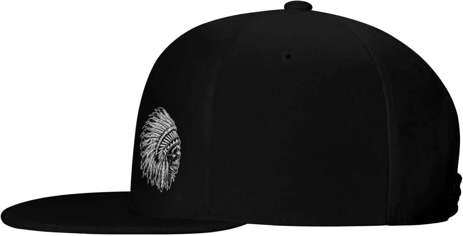 Native American Skull Flat Bill Visor Classic Snapback Hat Adjustable Brim High Top Baseball Cap