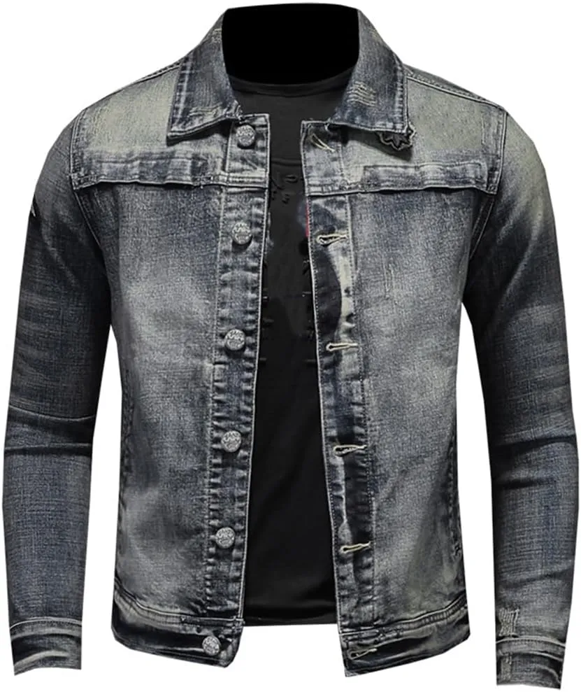 Niiyyjj Vintage Denim Jacket Men Spring Autumn Stretch Fit Denim Jacket Men Loose Denim Coat