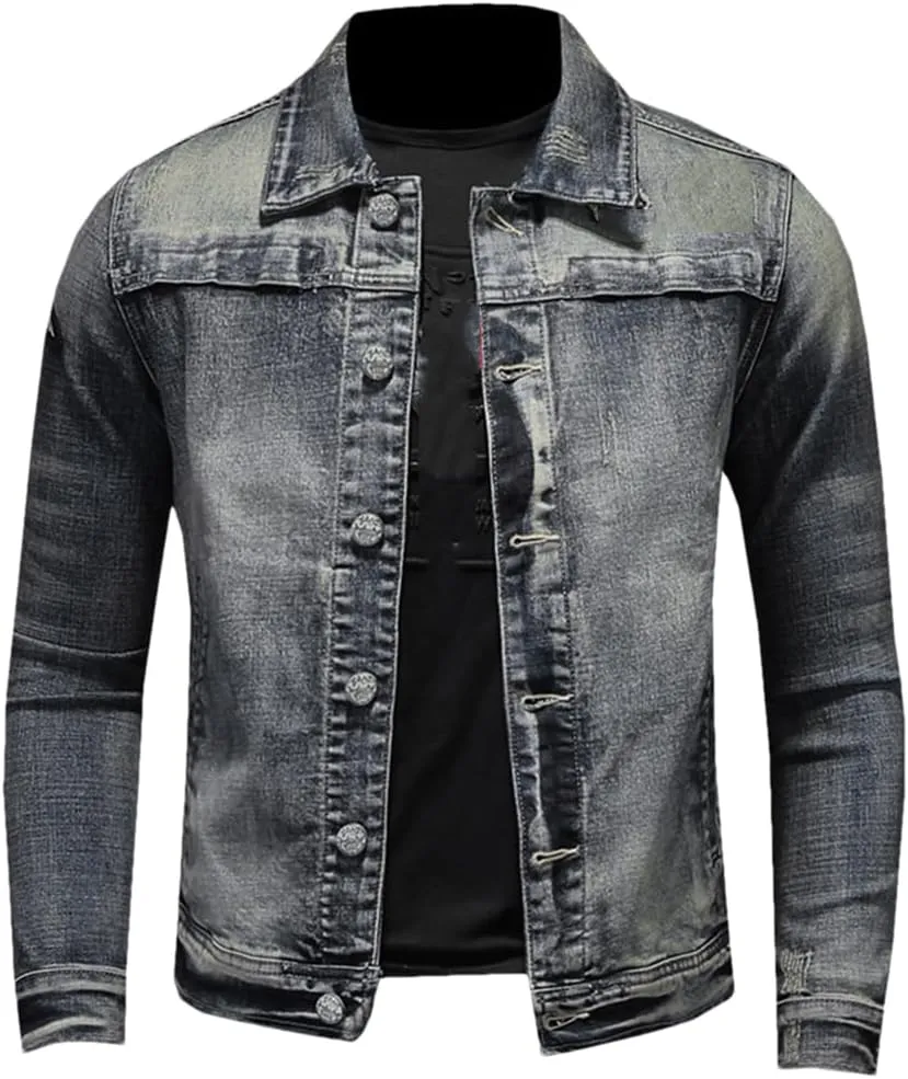 Niiyyjj Vintage Denim Jacket Men Spring Autumn Stretch Fit Denim Jacket Men Loose Denim Coat