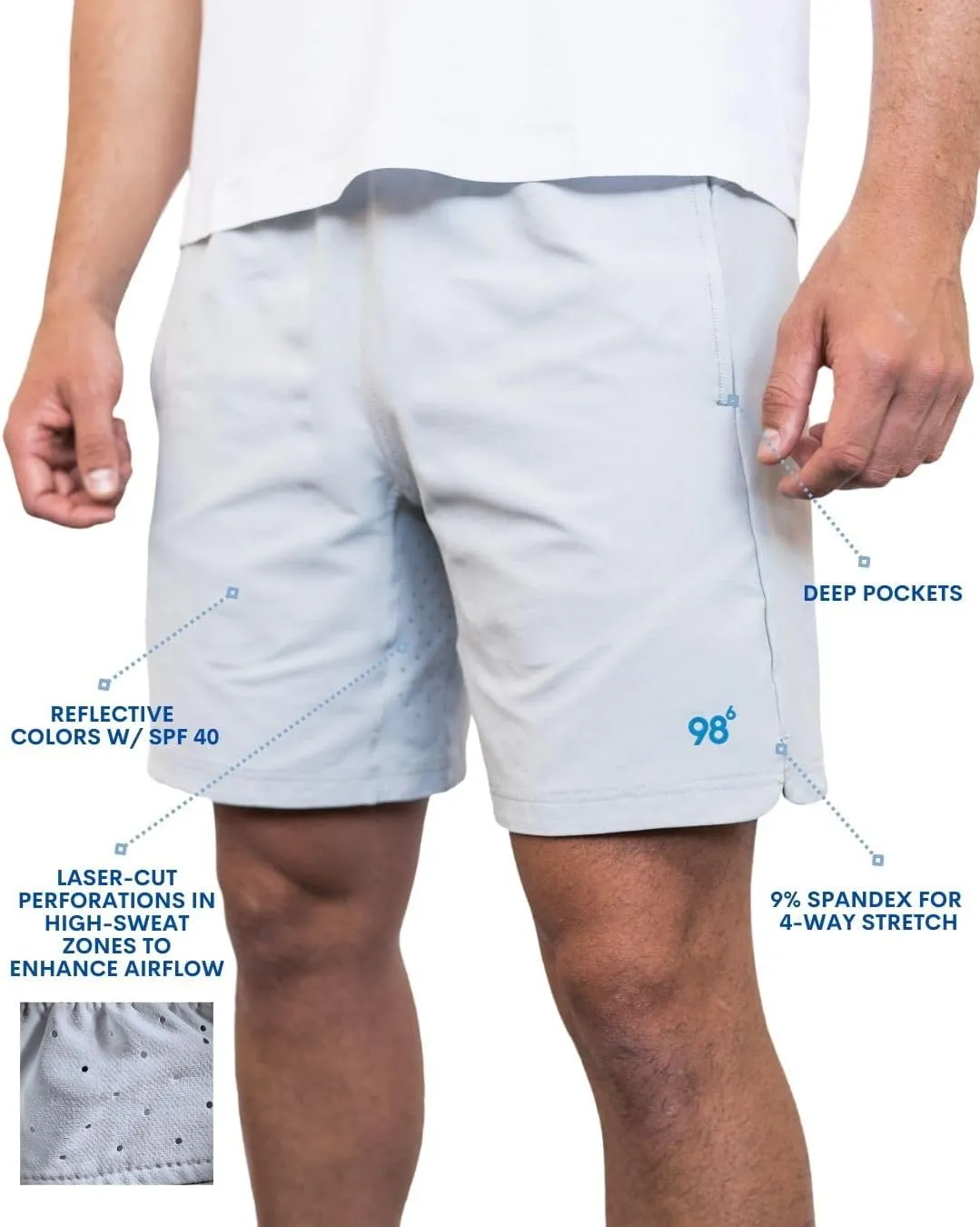 NinetyEight6 8 inch Inseam Mens Shorts : Patent, Quick Dry. Pickleball, Tennis, Gym, Golf, Running, Basketball