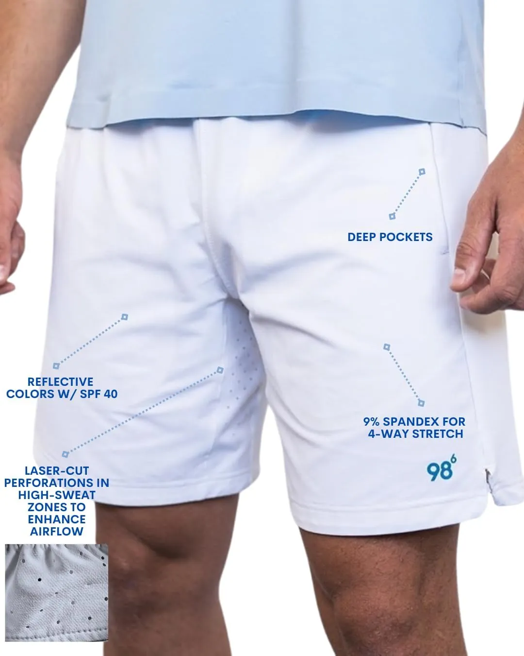 NinetyEight6 8 inch Inseam Mens Shorts : Patent, Quick Dry. Pickleball, Tennis, Gym, Golf, Running, Basketball