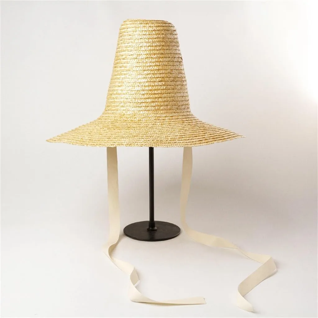 Retro Pointed High Top with Straps Large Eaves Bowler Hat Modeling Hat Large Brim Hat(E)