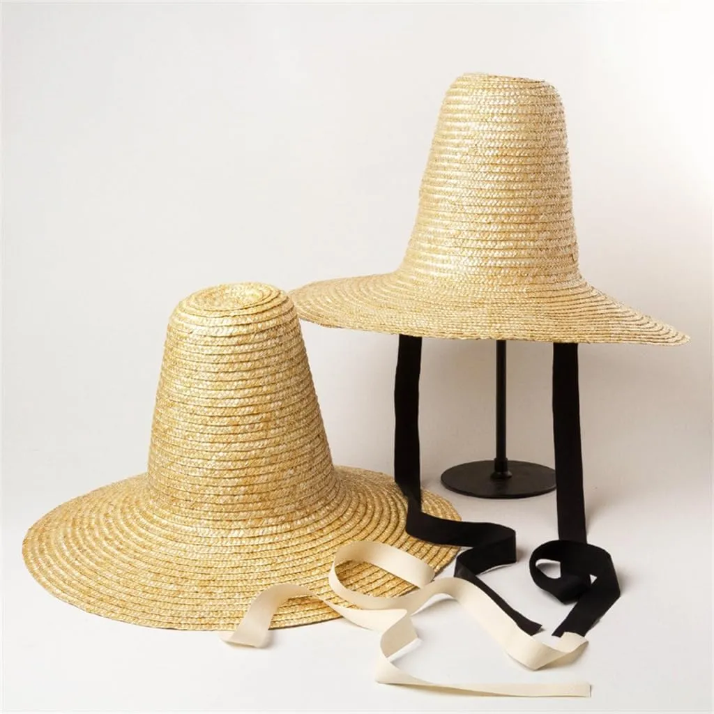 Retro Pointed High Top with Straps Large Eaves Bowler Hat Modeling Hat Large Brim Hat(E)