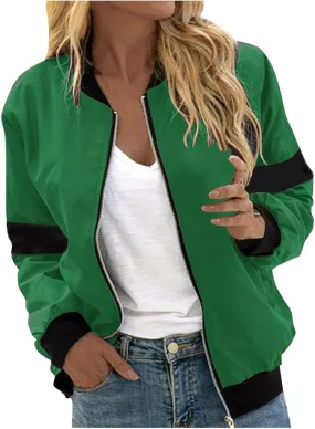 Sinzelimin Womens Baseball Jackets Fashion Contrast Casual Pocket Zipper Jacket Tops Fall Jogger Sport Coat Outwear & Jackets