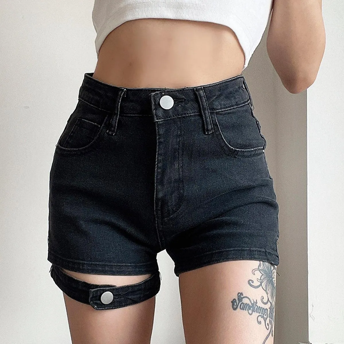Soft Grunge Leg Strap Denim Shorts