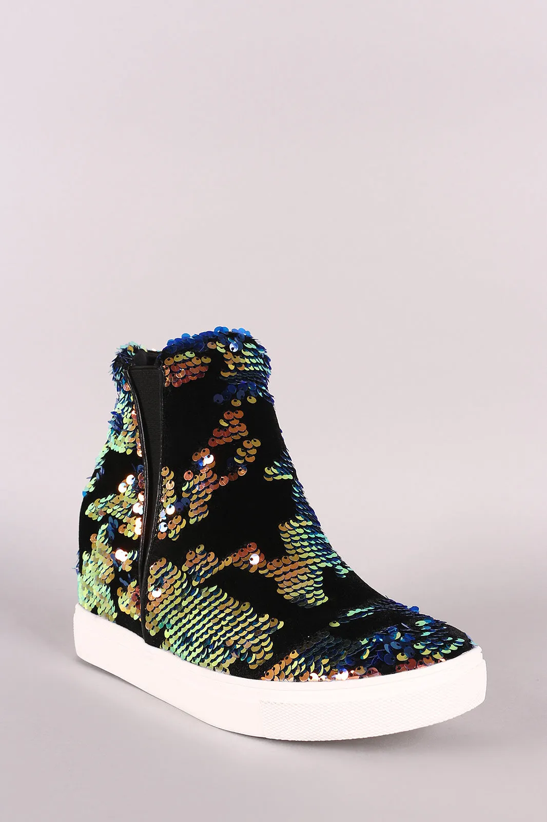 Velvet Holographic Sequins High Top Wedge Sneaker