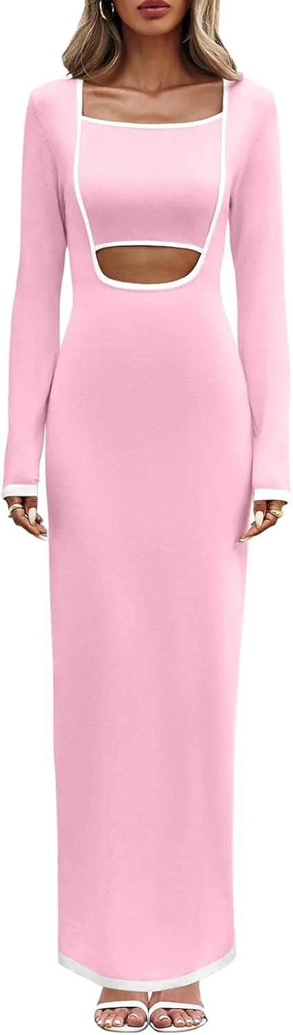 Wenrine Womens Cut Out Knit Maxi Dress Fall Long Sleeve Casual Bodycon Sweater Dresses