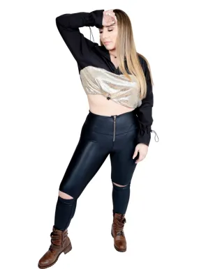 Wet Look Leggings Ripped Knee