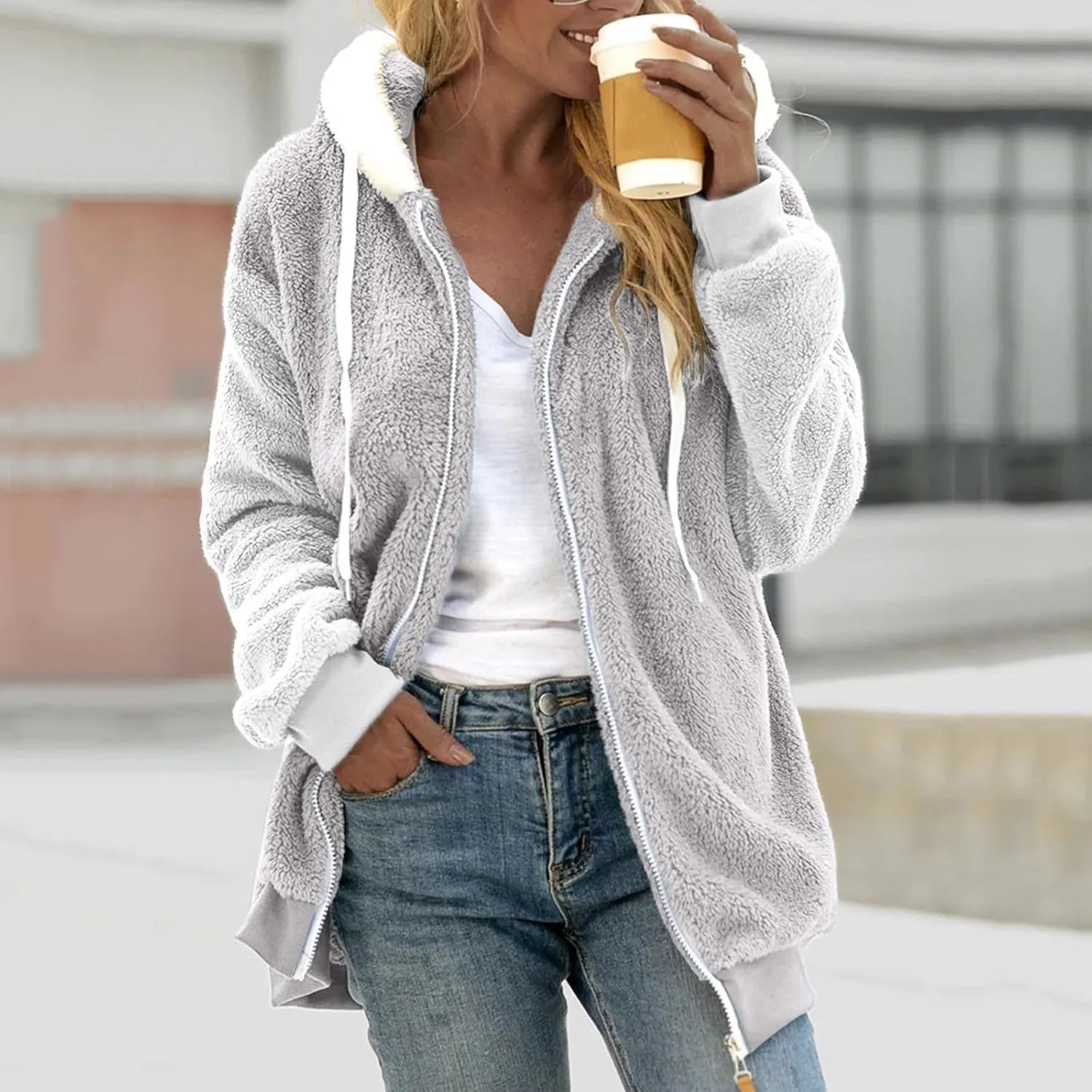 Winter Jackets for Women Fuzzy Fleece Jacket Hooded Color Block Patchwork Cardigan Coats Soft Shaggy Warm Outerwear