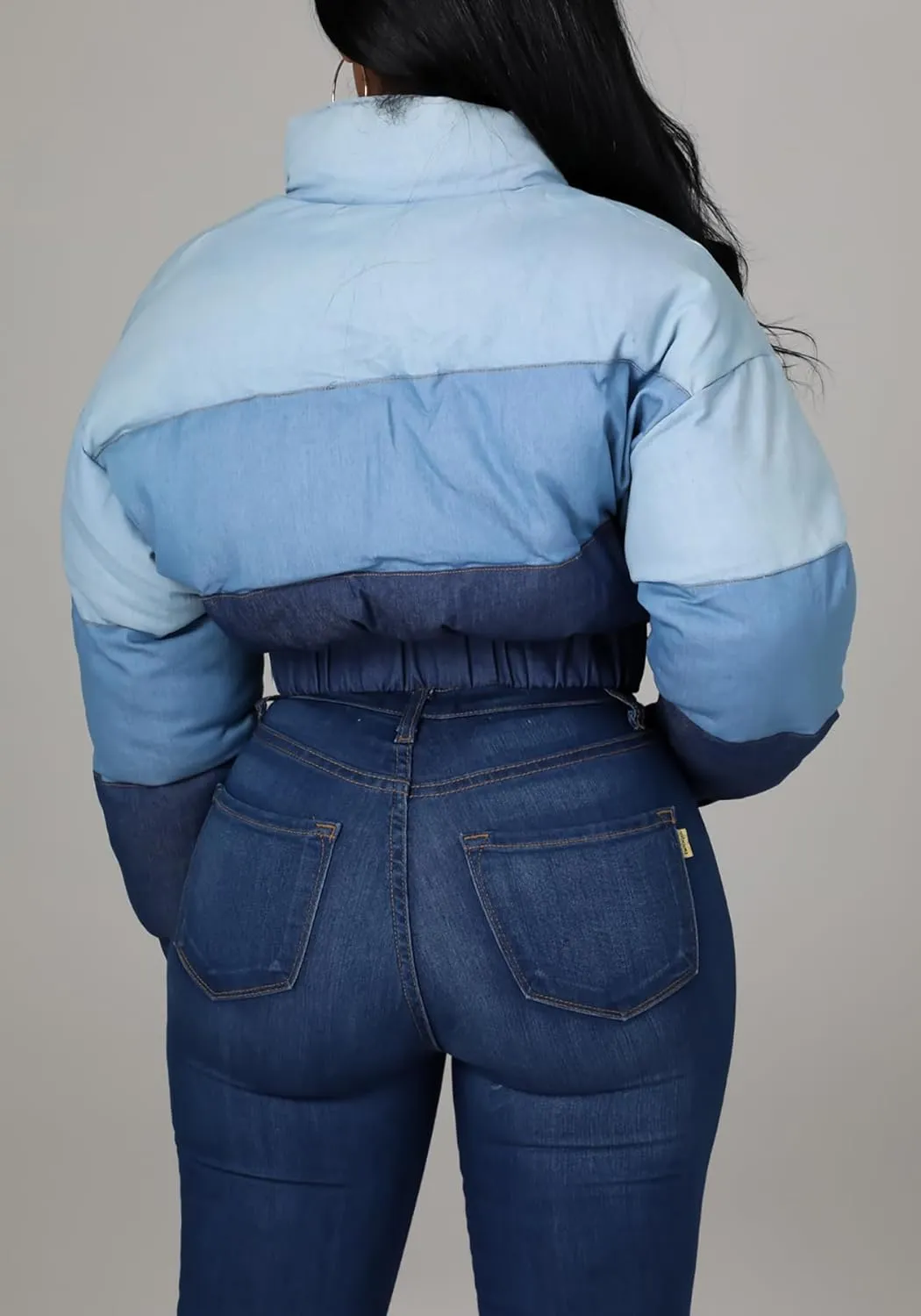 Women Puffer Quilted Jacket Cropped Zip Up Long Sleeve Buuble Jackets Warm Patchwork Coat