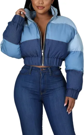 Women Puffer Quilted Jacket Cropped Zip Up Long Sleeve Buuble Jackets Warm Patchwork Coat