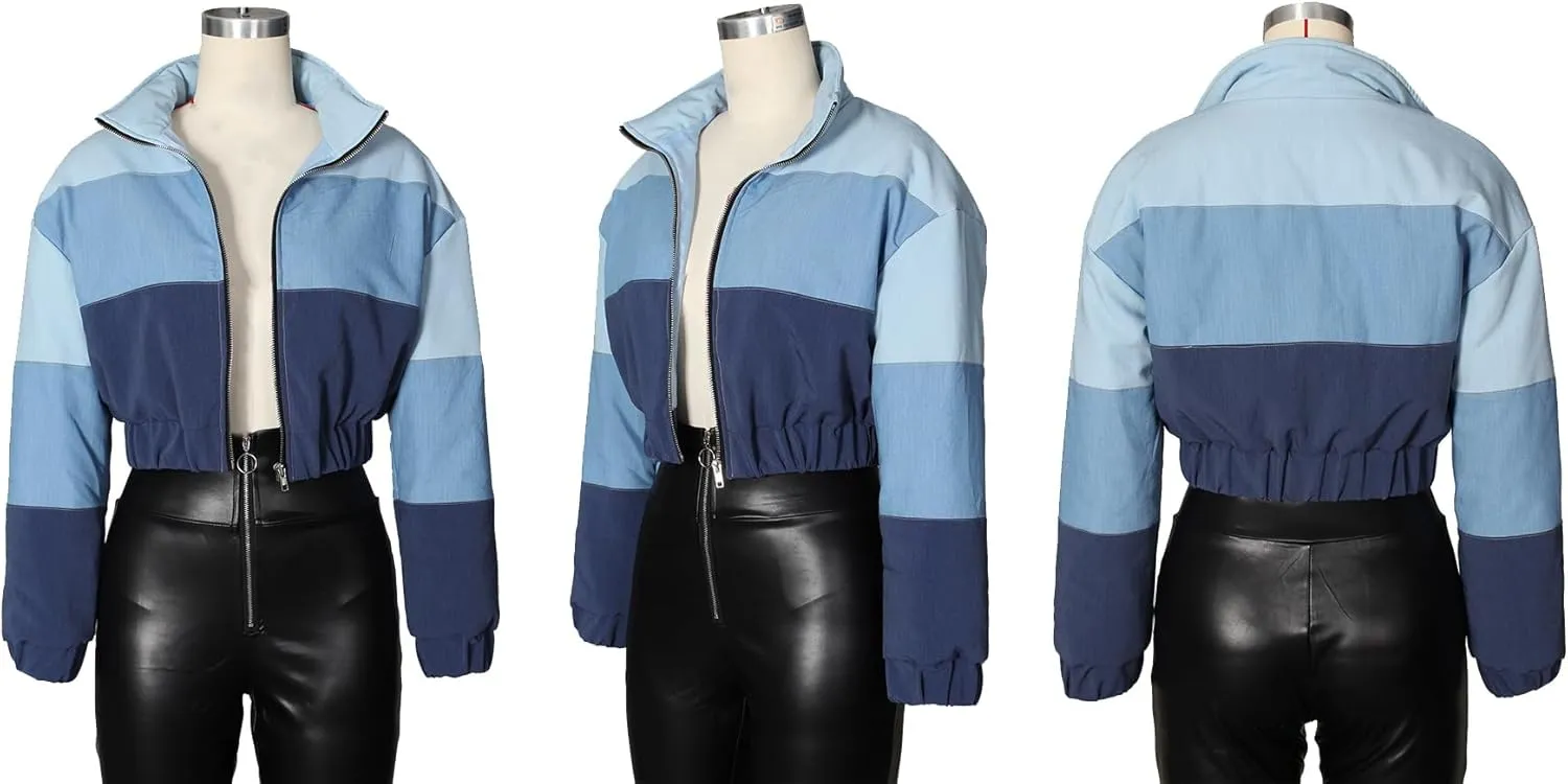 Women Puffer Quilted Jacket Cropped Zip Up Long Sleeve Buuble Jackets Warm Patchwork Coat