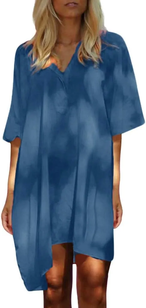 Women Solid V-Neck Oversized Dress, Irregular Hem Loose Half Sleeve Ruffled Kaftan Mini Dress