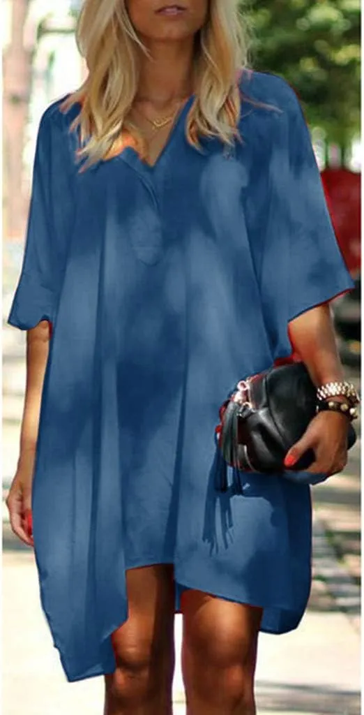 Women Solid V-Neck Oversized Dress, Irregular Hem Loose Half Sleeve Ruffled Kaftan Mini Dress
