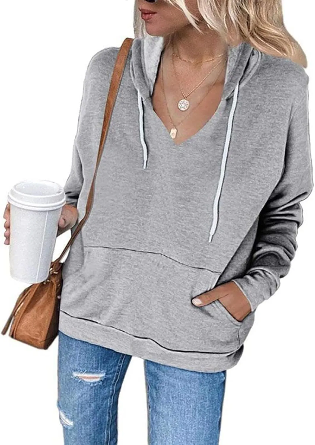 Women's Casual V-Neck Oversized Sweatshirt 2024 Fall Drawstring Loose Solid Long Sleeve Pullover with Pockets