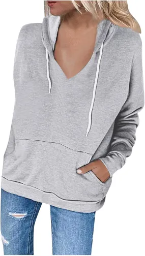 Women's Casual V-Neck Oversized Sweatshirt 2024 Fall Drawstring Loose Solid Long Sleeve Pullover with Pockets