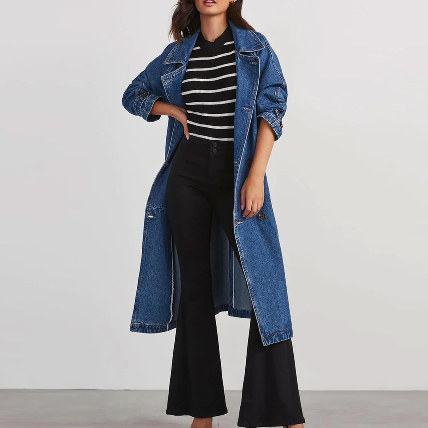 Women's Long Jean Jacket Colorblock Long Sleeve Notched Collar Coat Mid Length Button Down Denim Outwear