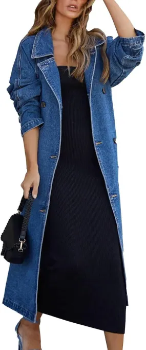 Women's Long Jean Jacket Colorblock Long Sleeve Notched Collar Coat Mid Length Button Down Denim Outwear