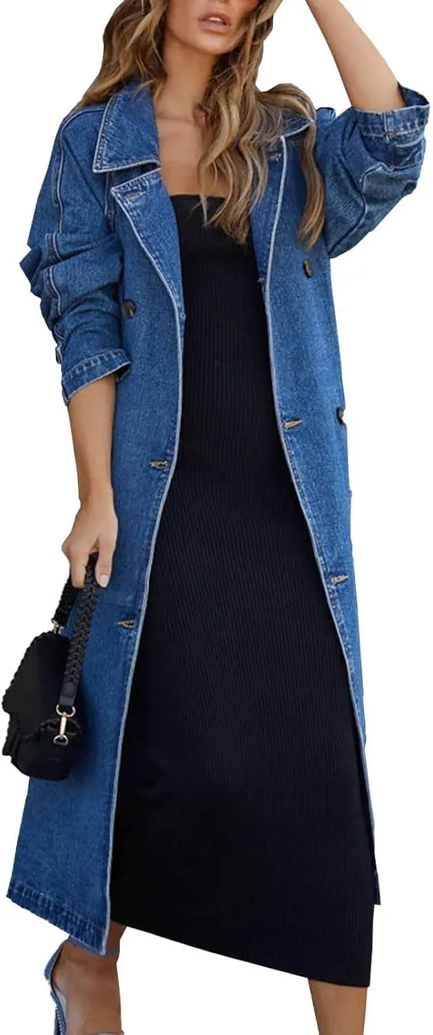 Women's Long Jean Jacket Colorblock Long Sleeve Notched Collar Coat Mid Length Button Down Denim Outwear