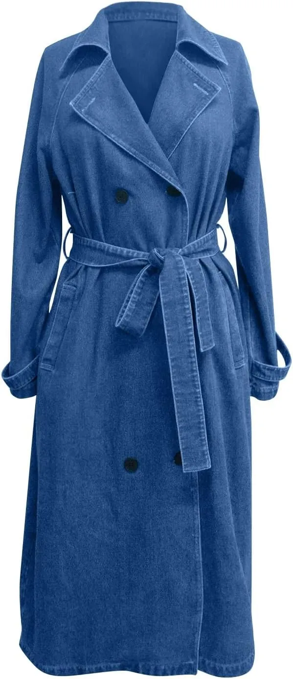 Women's Long Jean Jacket Colorblock Long Sleeve Notched Collar Coat Mid Length Button Down Denim Outwear