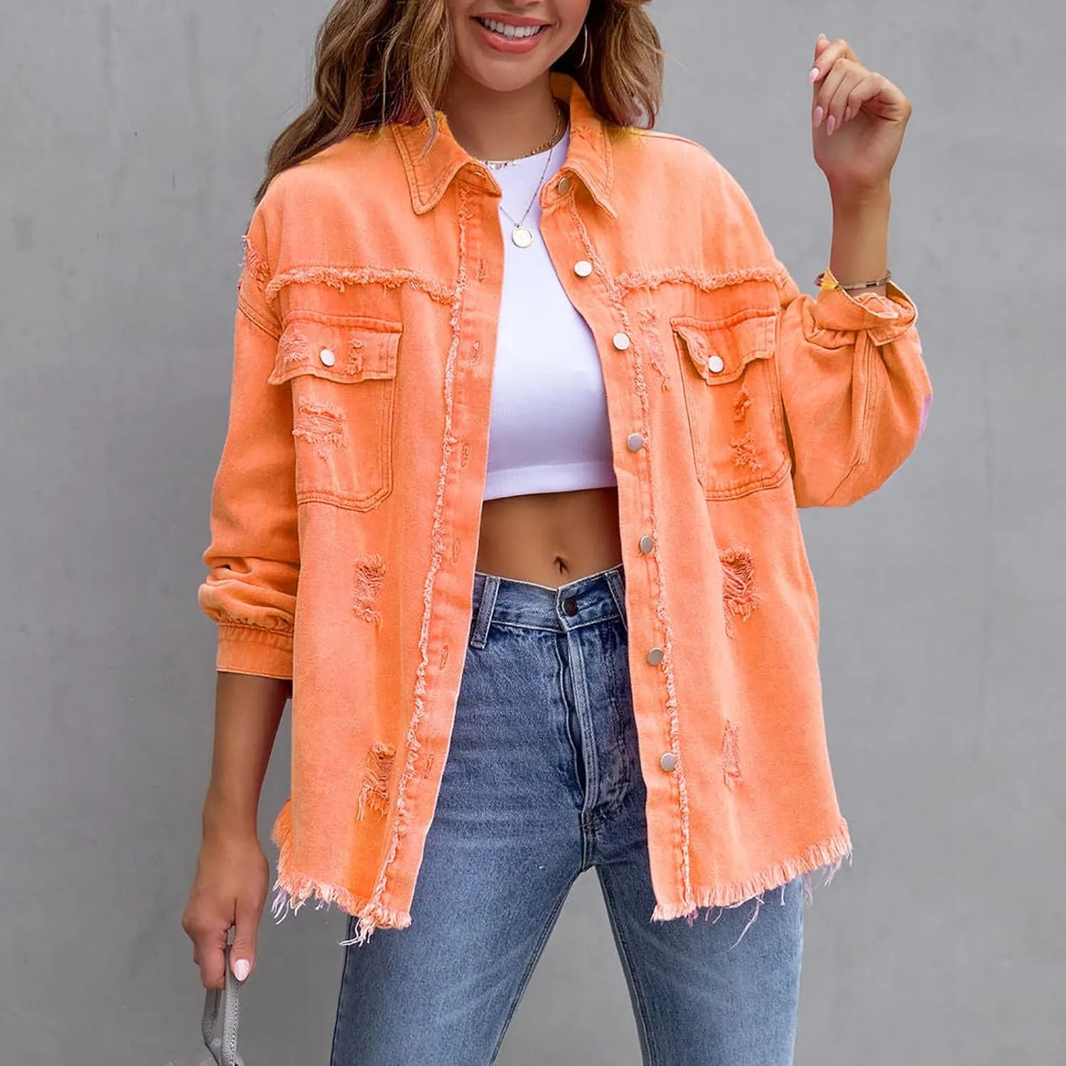 Women's Long Sleeve Button Down Trucker Jackets Works Pockets Western Jean Coat Oversize Stretchy Jean Coat Oversize