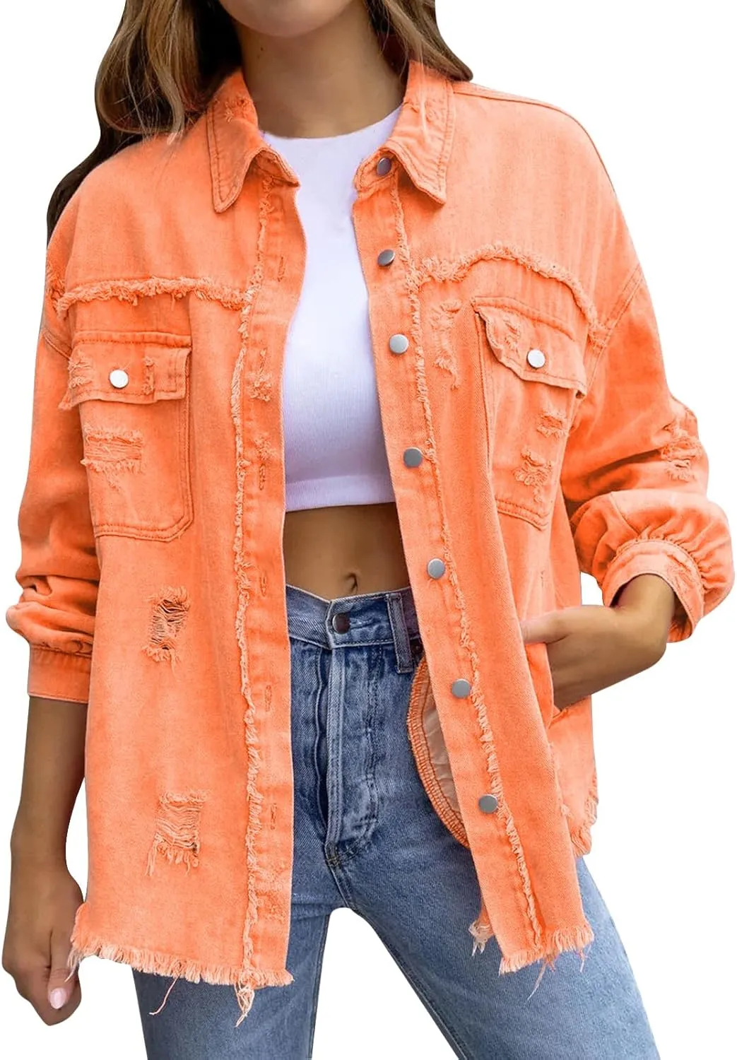 Women's Long Sleeve Button Down Trucker Jackets Works Pockets Western Jean Coat Oversize Stretchy Jean Coat Oversize
