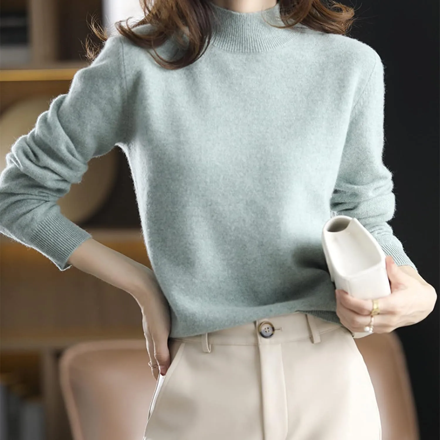 Womens Oversized Mock Neck Sweater 2024 Fall Fashion Thickened Thermal Pullover Tops Casual Solid Color Loose Sweater