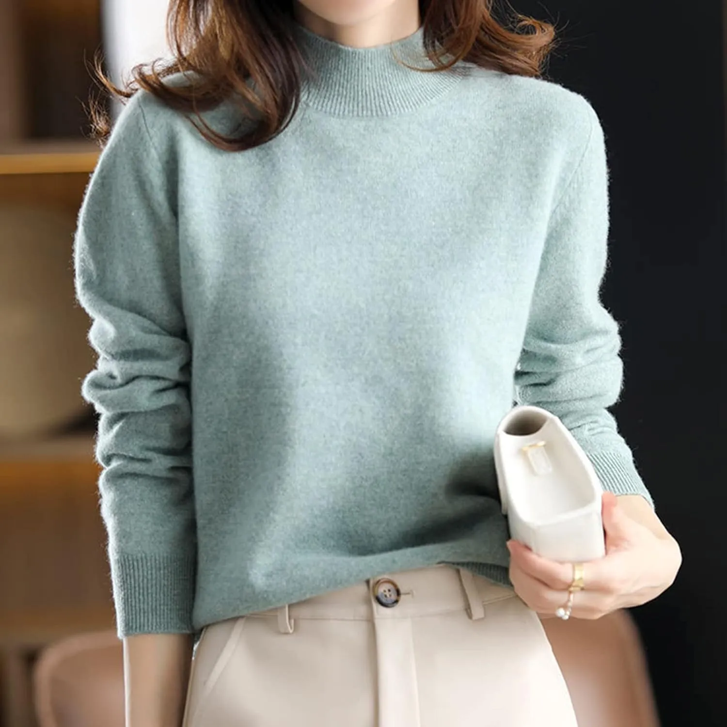 Womens Oversized Mock Neck Sweater 2024 Fall Fashion Thickened Thermal Pullover Tops Casual Solid Color Loose Sweater