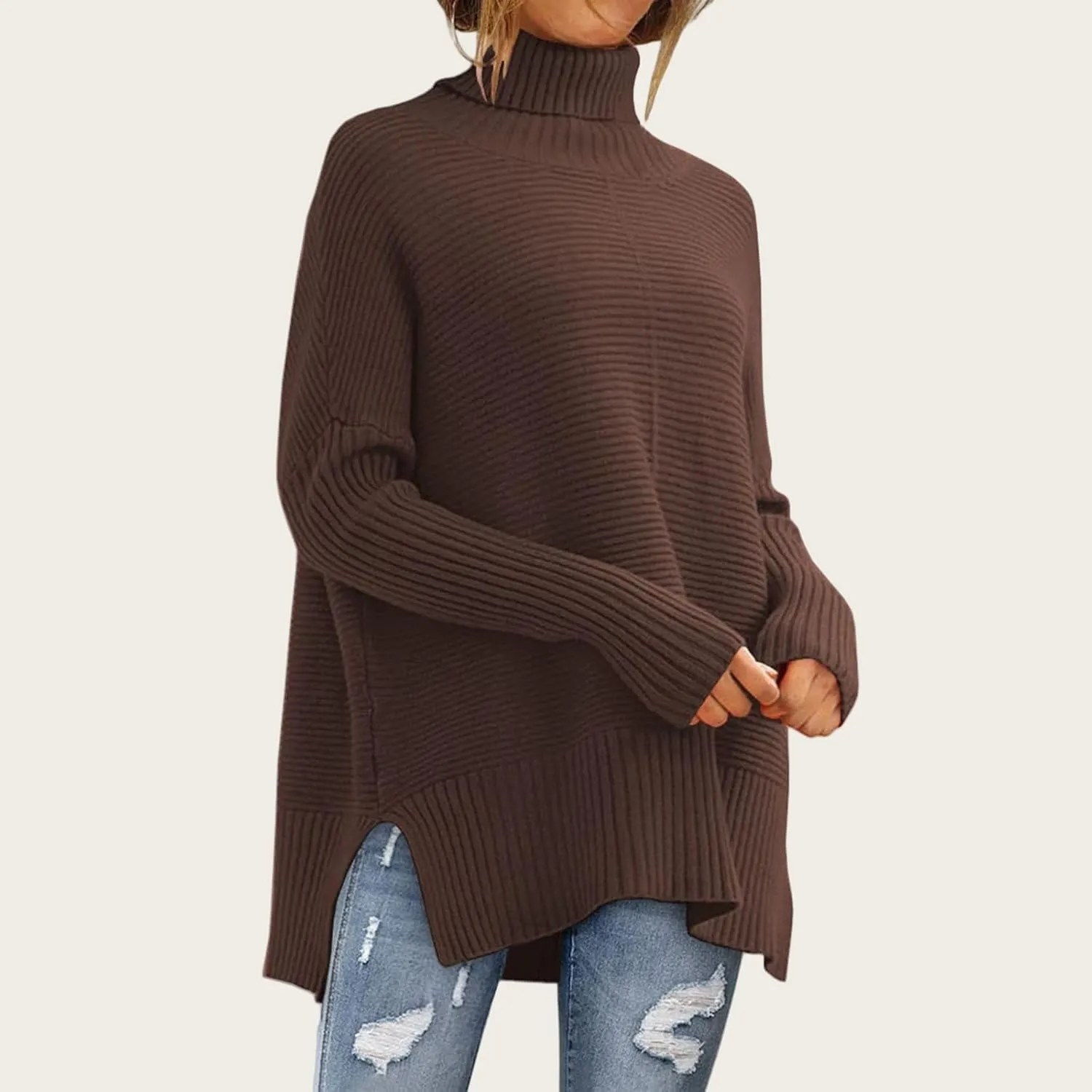 Women's Oversized Sweaters Turtleneck Split Hem Chunky Knit Pullover Tops Casual Long Sleeve Jumper 2024 Fall Outfits