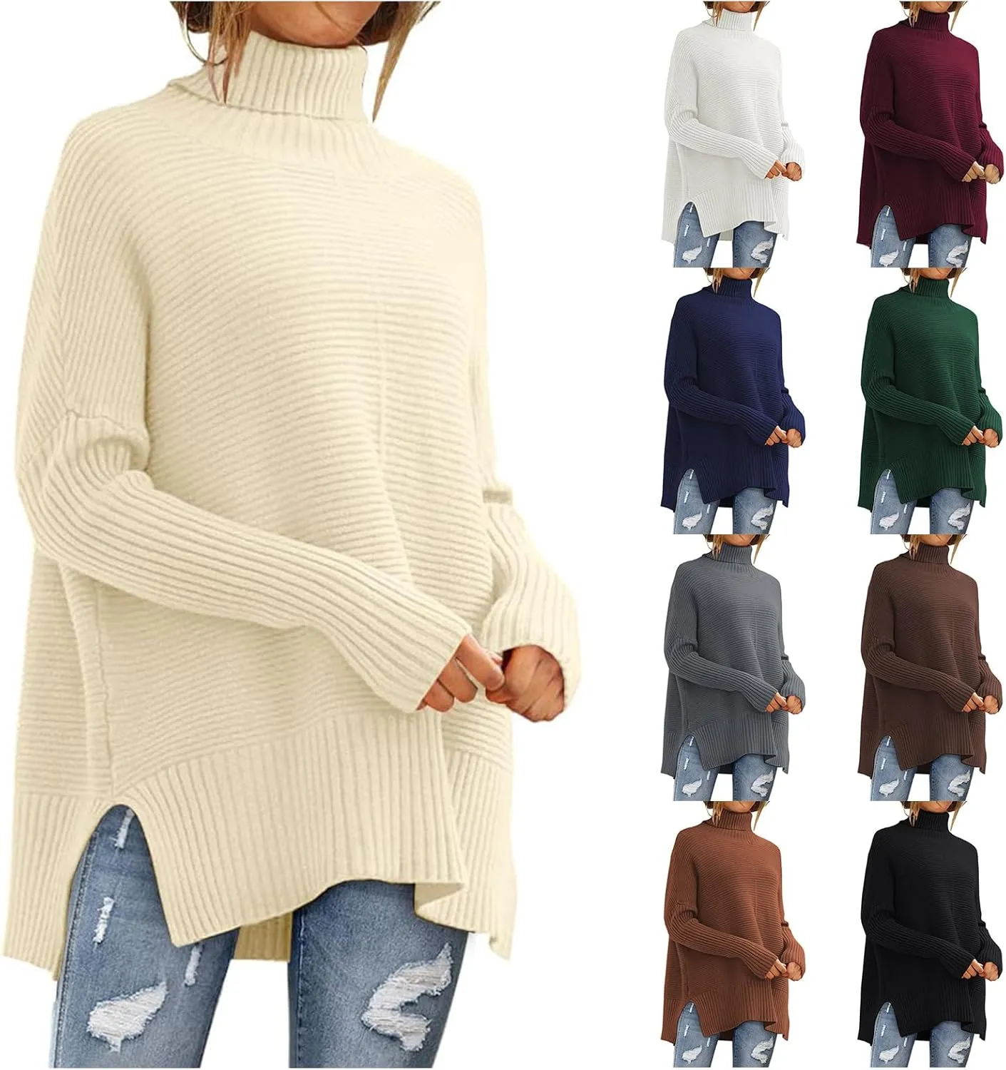 Women's Oversized Sweaters Turtleneck Split Hem Chunky Knit Pullover Tops Casual Long Sleeve Jumper 2024 Fall Outfits