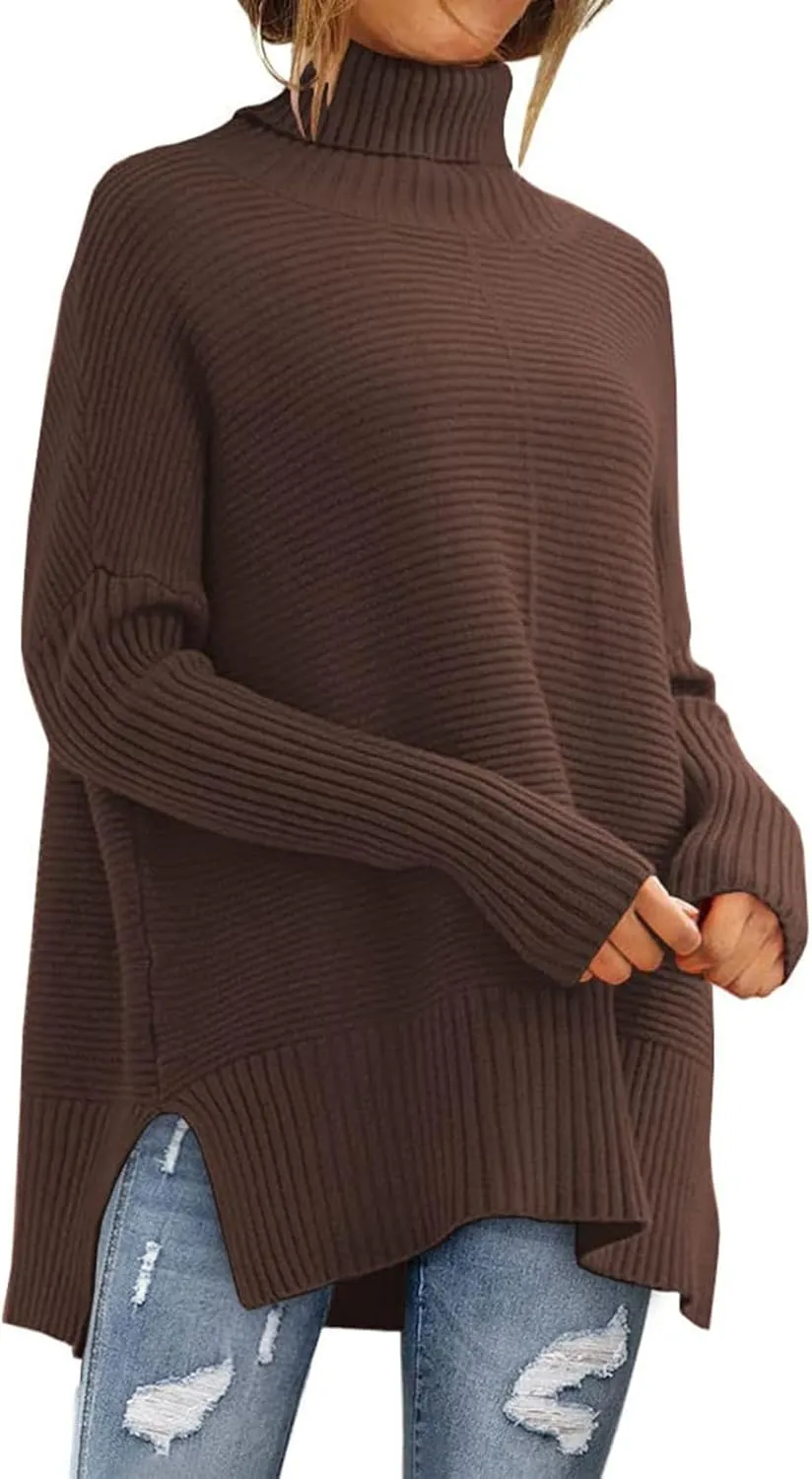 Women's Oversized Sweaters Turtleneck Split Hem Chunky Knit Pullover Tops Casual Long Sleeve Jumper 2024 Fall Outfits