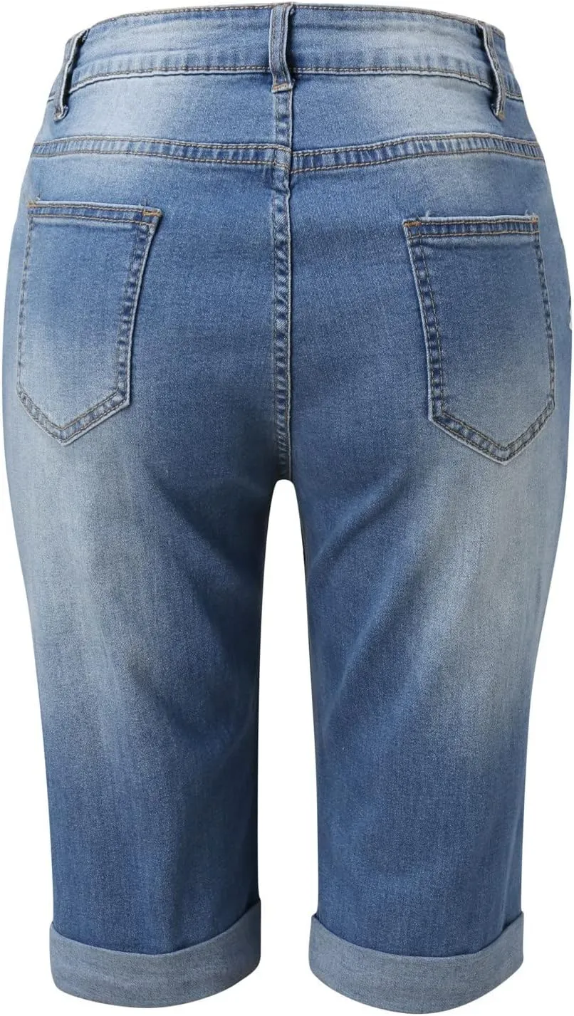 Womens Ripped Denim Shorts Distressed Bermuda Jeans Shorts Rolled Hem High Waisted Jean Shorts Casual Shorts Y2K Mini Jeans
