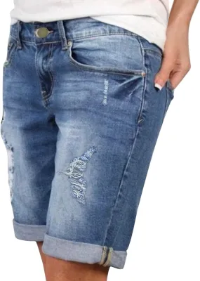 Womens Ripped Denim Shorts Distressed Bermuda Jeans Shorts Rolled Hem High Waisted Jean Shorts Casual Shorts Y2K Mini Jeans