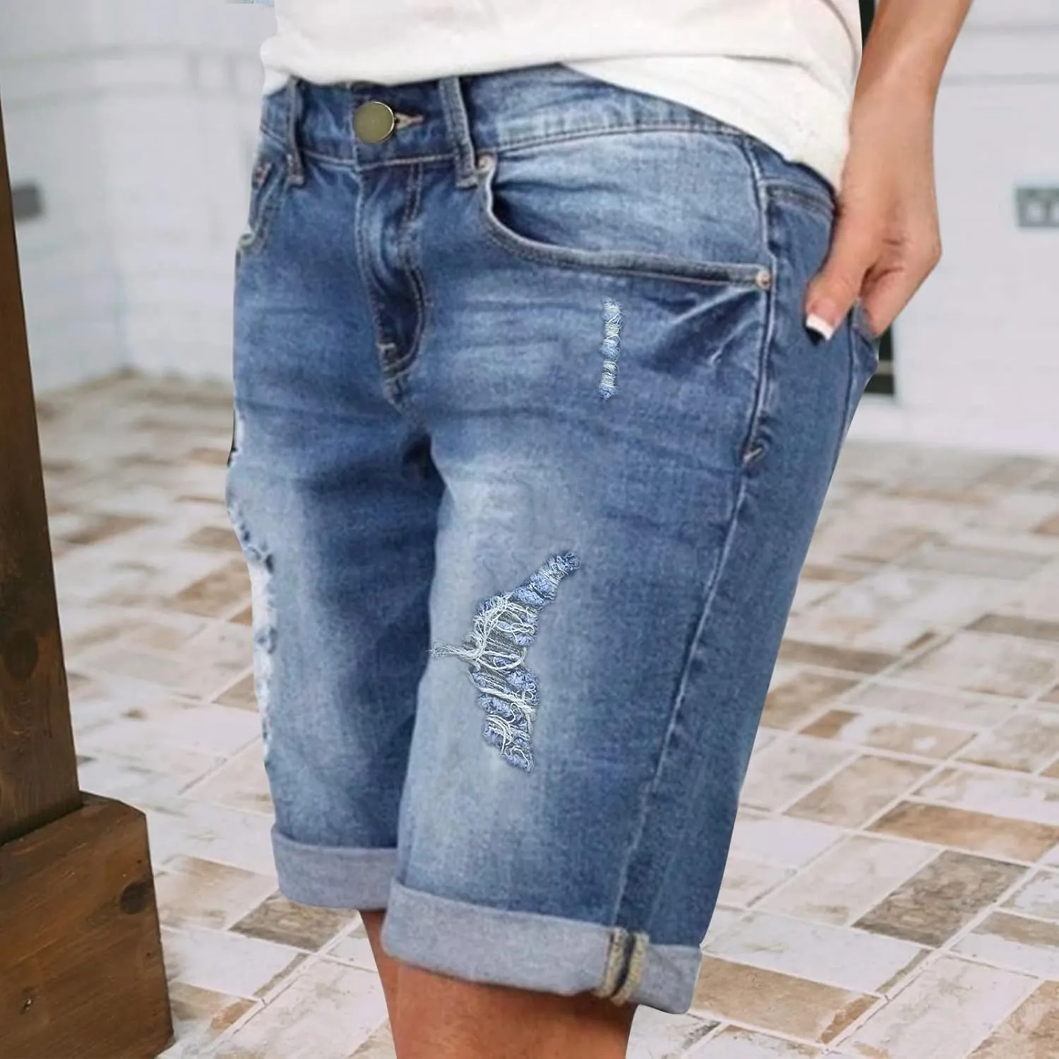 Womens Ripped Denim Shorts Distressed Bermuda Jeans Shorts Rolled Hem High Waisted Jean Shorts Casual Shorts Y2K Mini Jeans