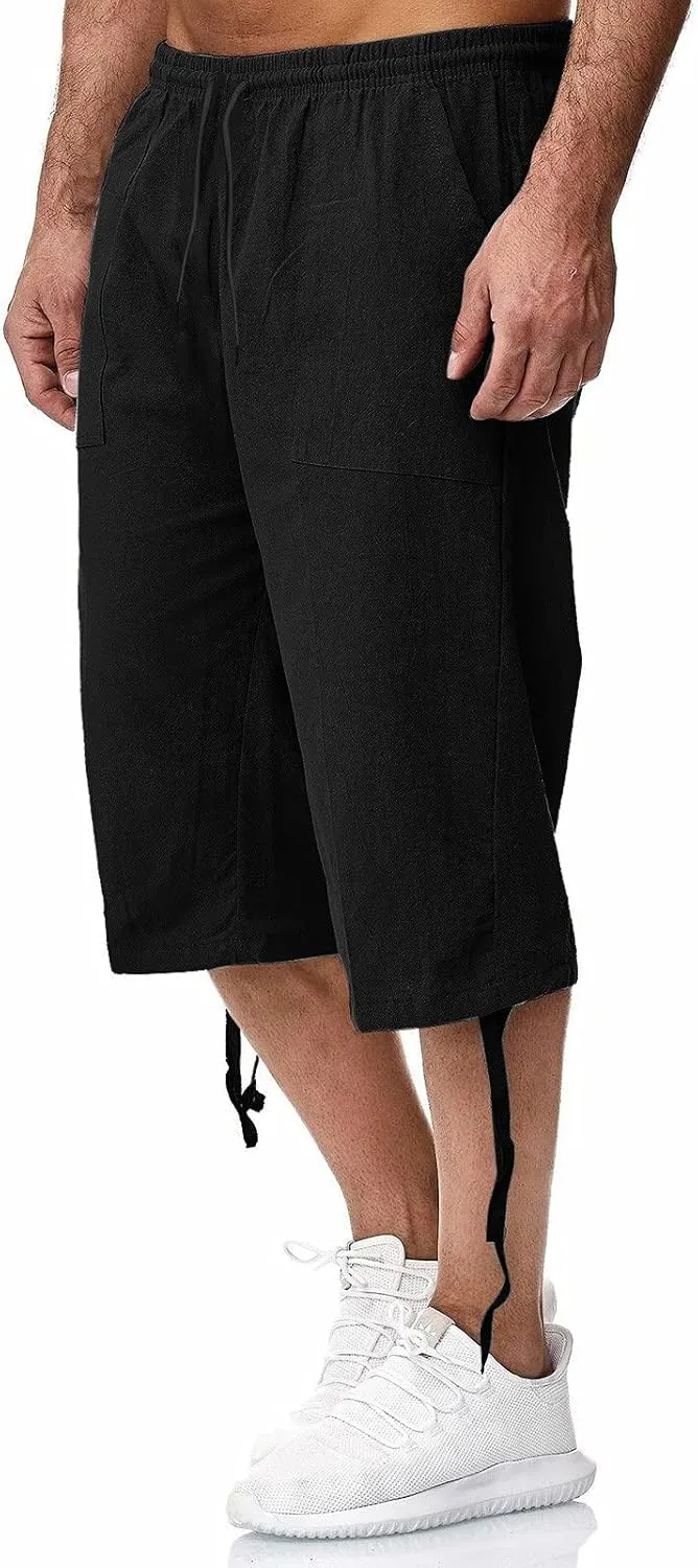 WUAI-Men Outdoors Cargo Shorts 3/4 Relaxed Fit Below Knee Multi-Pocket Capri Casual Loose Cotton Twill Beach Capri Pants