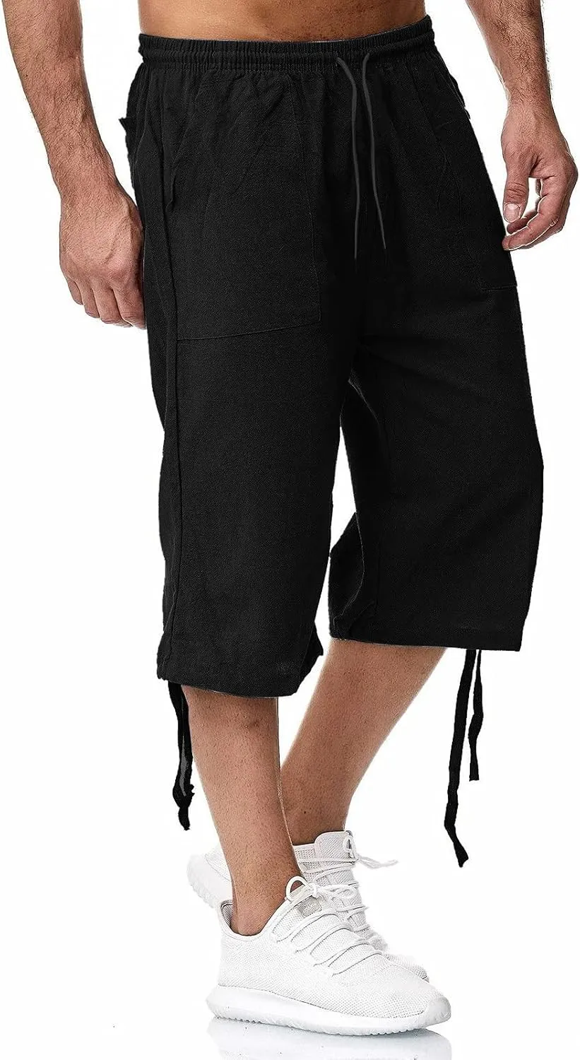 WUAI-Men Outdoors Cargo Shorts 3/4 Relaxed Fit Below Knee Multi-Pocket Capri Casual Loose Cotton Twill Beach Capri Pants